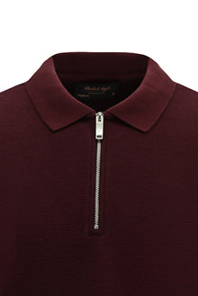 Koyu Bordo Polo Yaka Regular Fit Fermuarlı Desenli Pamuklu Sweatshirt