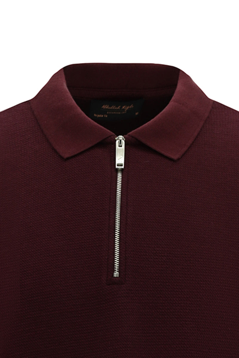 Koyu Bordo Polo Yaka Regular Fit Fermuarlı Desenli Pamuklu Sweatshirt