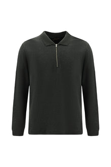 Koyu Antrasit Melanj Polo Yaka Regular Fit Fermuarlı Pamuklu Sweatshirt