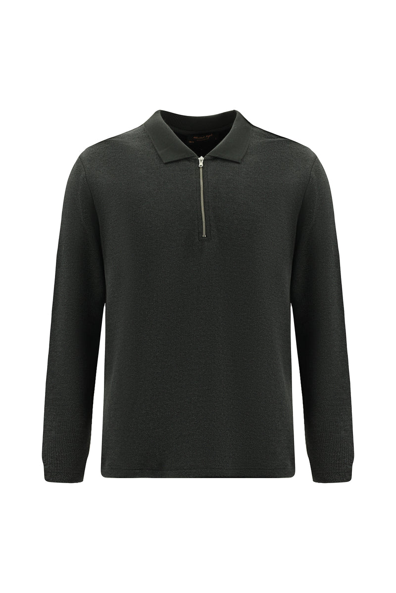 Koyu Antrasit Melanj Polo Yaka Regular Fit Fermuarlı Pamuklu Sweatshirt
