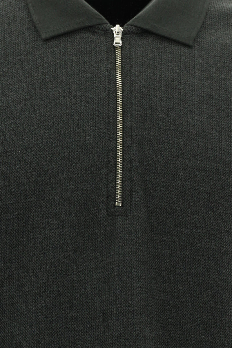 Koyu Antrasit Melanj Polo Yaka Regular Fit Fermuarlı Pamuklu Sweatshirt