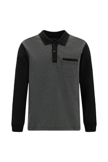 Siyah Polo Yaka Regular Fit Desenli Cepli Pamuklu Sweatshirt