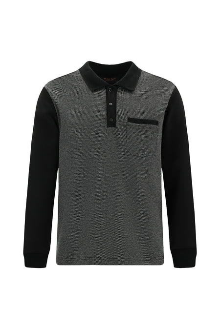 Siyah Polo Yaka Regular Fit Desenli Cepli Pamuklu Sweatshirt