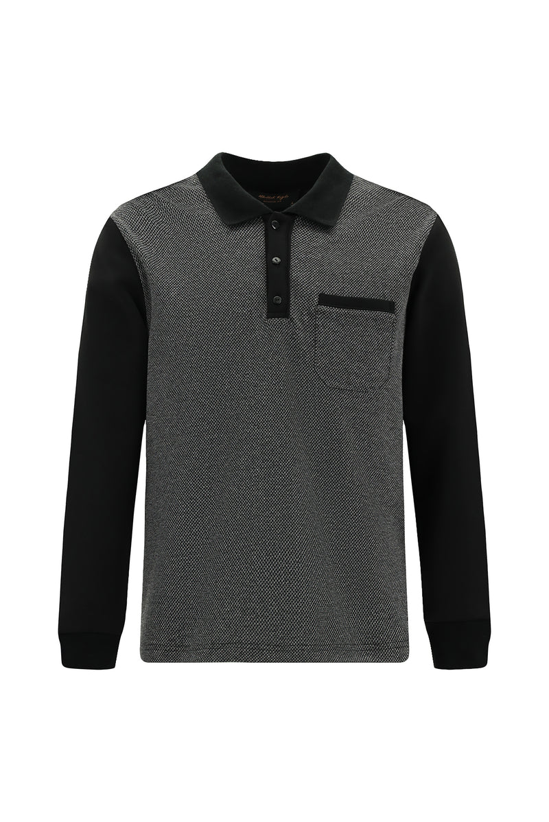 Siyah Polo Yaka Regular Fit Desenli Cepli Pamuklu Sweatshirt