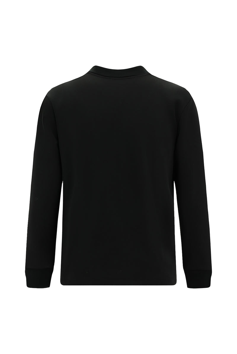 Siyah Polo Yaka Regular Fit Desenli Cepli Pamuklu Sweatshirt
