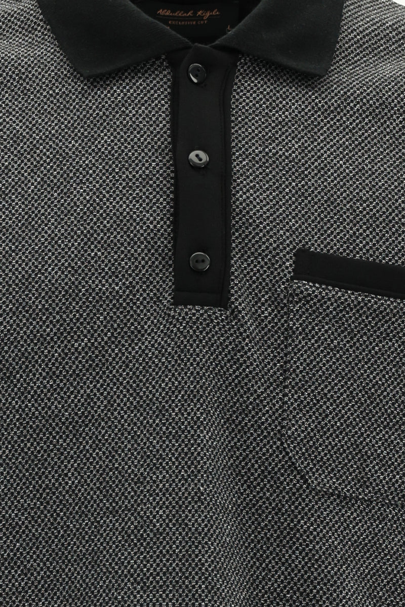 Siyah Polo Yaka Regular Fit Desenli Pamuklu Sweatshırt