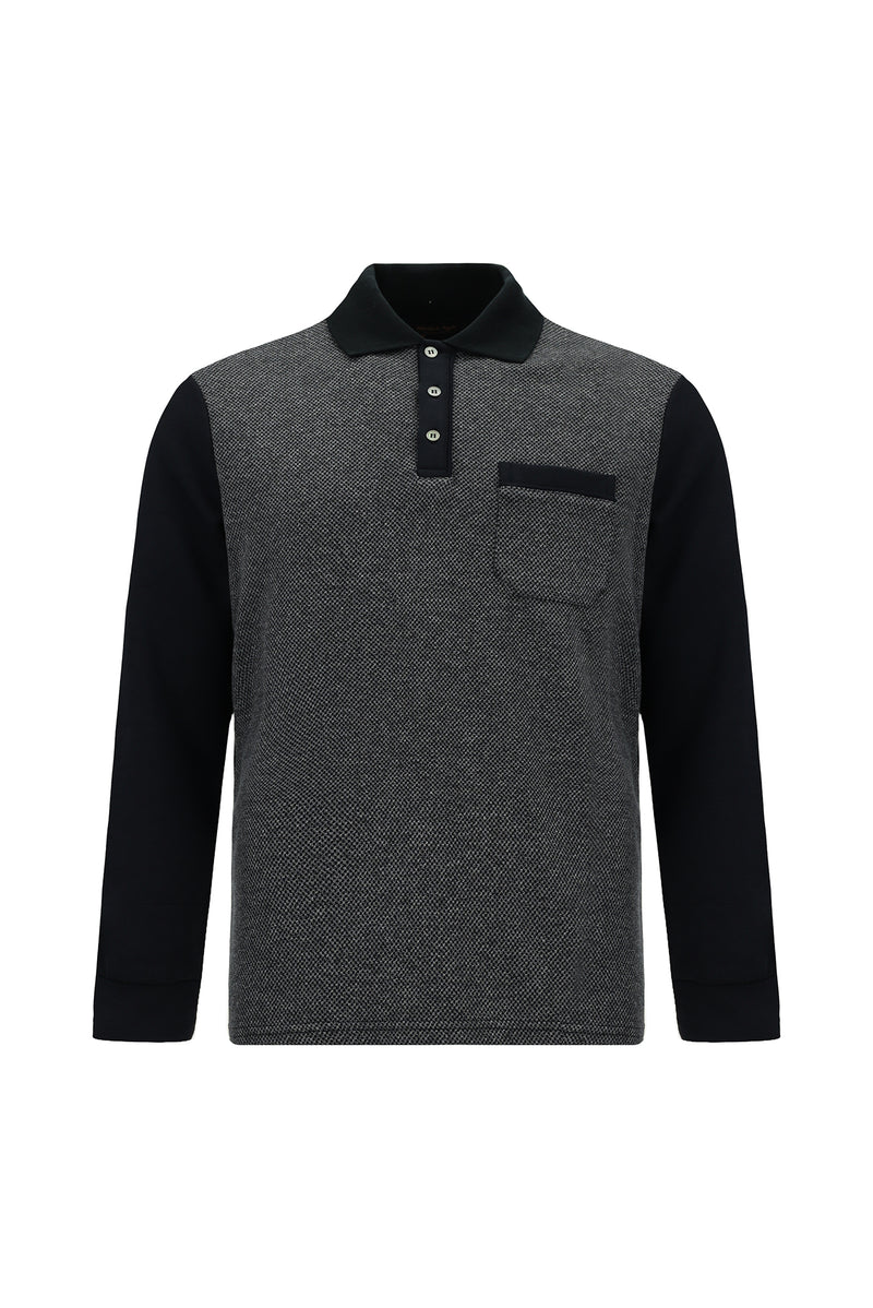 Koyu Lacivert Polo Yaka Regular Fit Desenli Cepli Pamuklu Sweatshirt