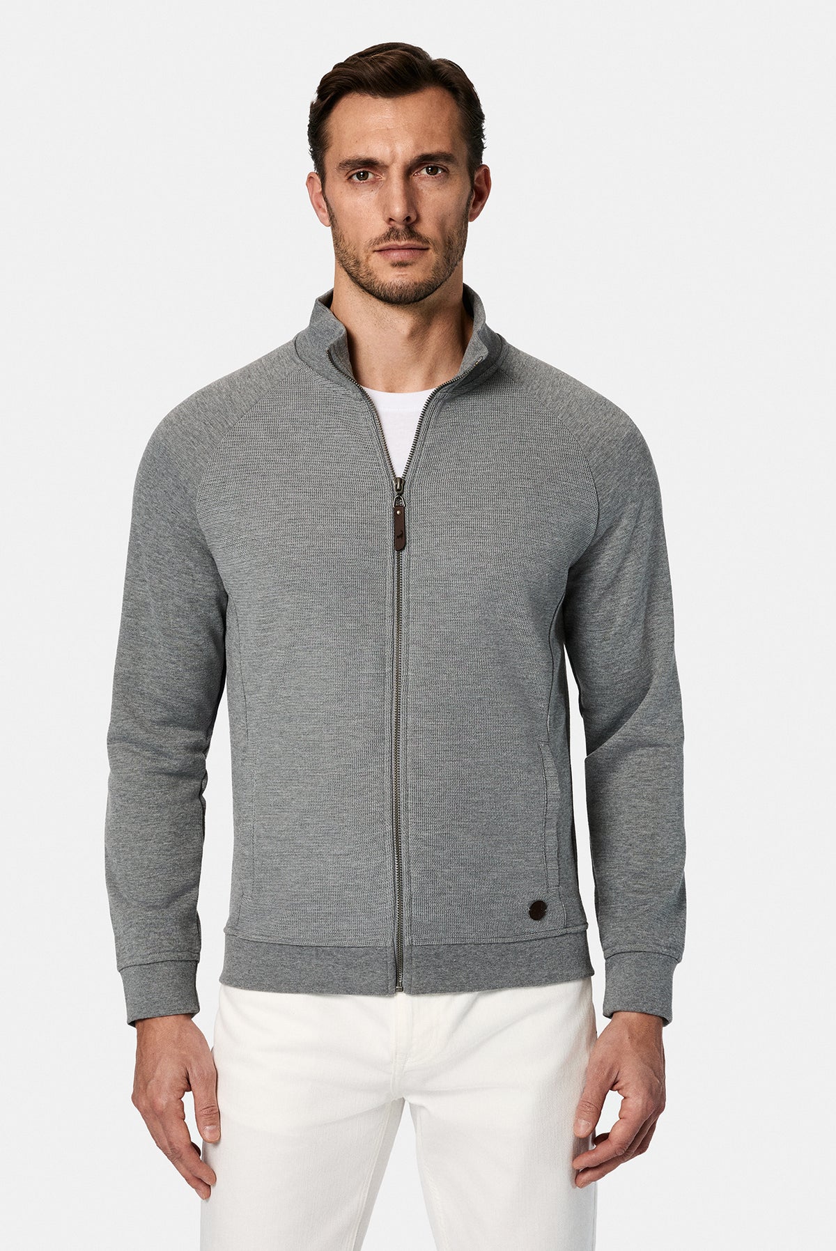 Orta Füme Melanj Dik Yaka Pamuklu Fermuarlı Cepli Desenli Sweatshirt Hırka