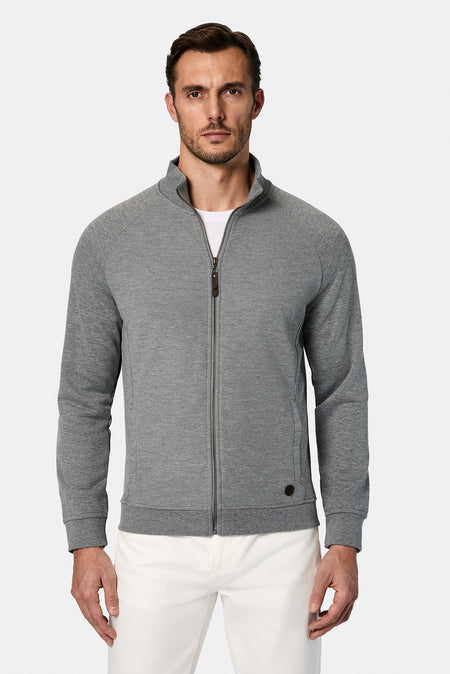 Orta Füme Melanj Dik Yaka Pamuklu Fermuarlı Cepli Desenli Sweatshirt Hırka