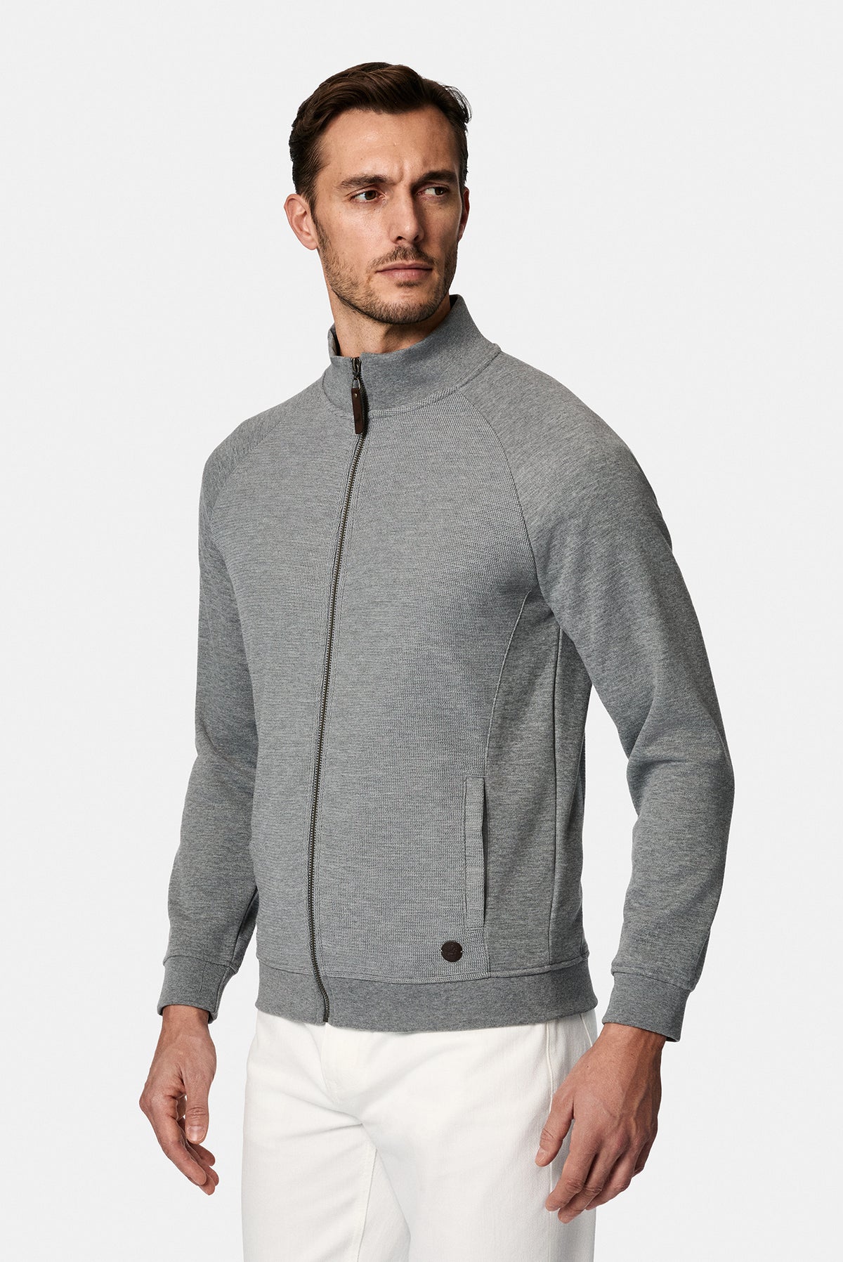 Orta Füme Melanj Dik Yaka Pamuklu Fermuarlı Cepli Desenli Sweatshirt Hırka