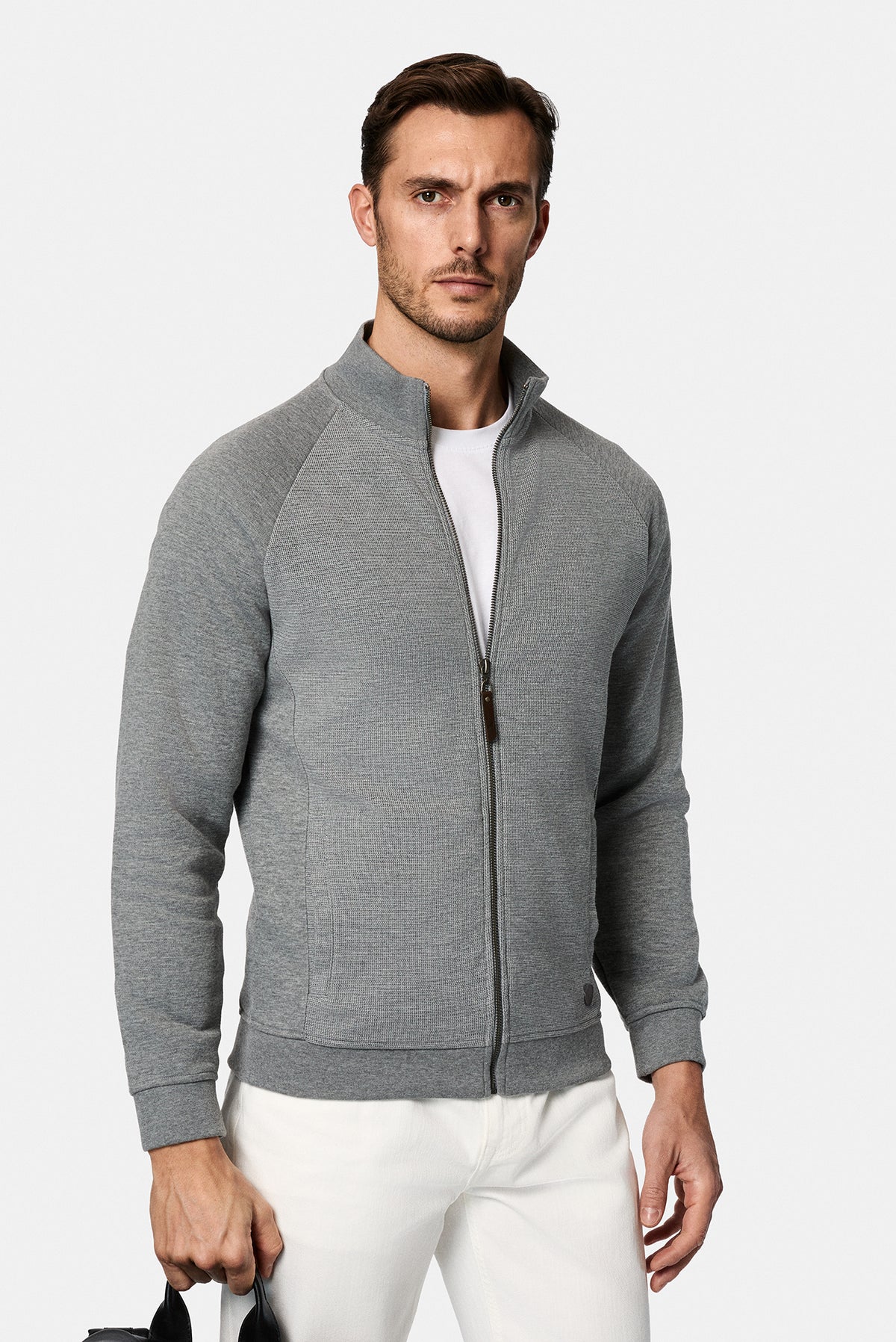 Orta Füme Melanj Dik Yaka Pamuklu Fermuarlı Cepli Desenli Sweatshirt Hırka