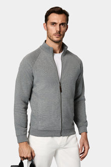 Orta Füme Melanj Dik Yaka Pamuklu Fermuarlı Cepli Desenli Sweatshirt Hırka
