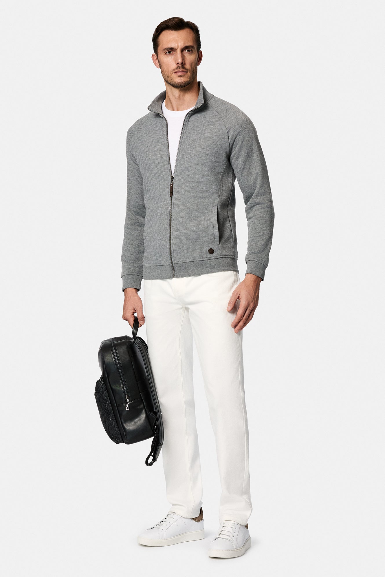 Orta Füme Melanj Dik Yaka Pamuklu Fermuarl? Cepli Desenli Sweatshirt H?rka-Abdullah Ki??l?