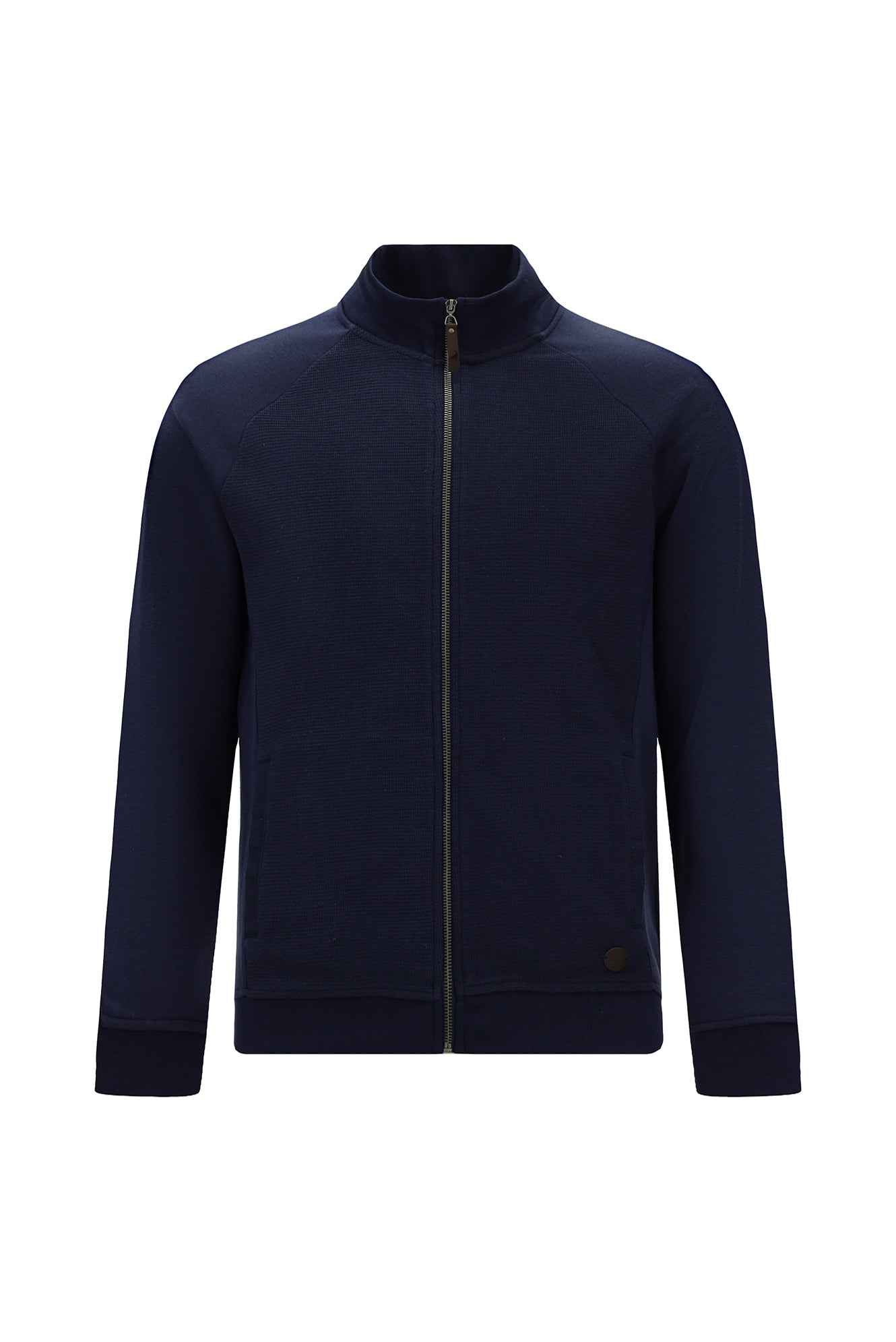 Koyu Lacivert Dik Yaka Pamuklu Fermuarlı Cepli Desenli Sweatshirt Hırka