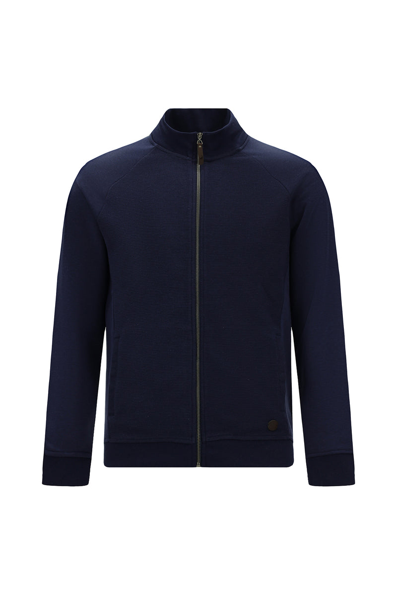 Koyu Lacivert Dik Yaka Pamuklu Fermuarlı Cepli Desenli Sweatshirt Hırka