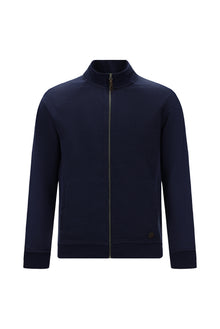 Koyu Lacivert Dik Yaka Pamuklu Fermuarlı Cepli Desenli Sweatshirt Hırka