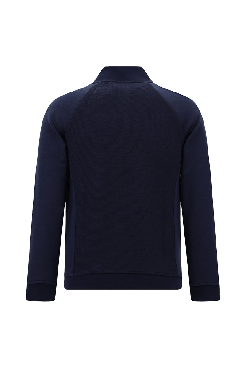 Koyu Lacivert Dik Yaka Pamuklu Fermuarlı Cepli Desenli Sweatshirt Hırka