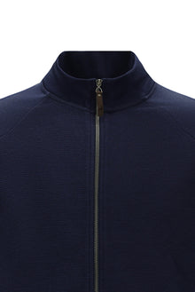 Koyu Lacivert Dik Yaka Pamuklu Fermuarlı Cepli Desenli Sweatshirt Hırka