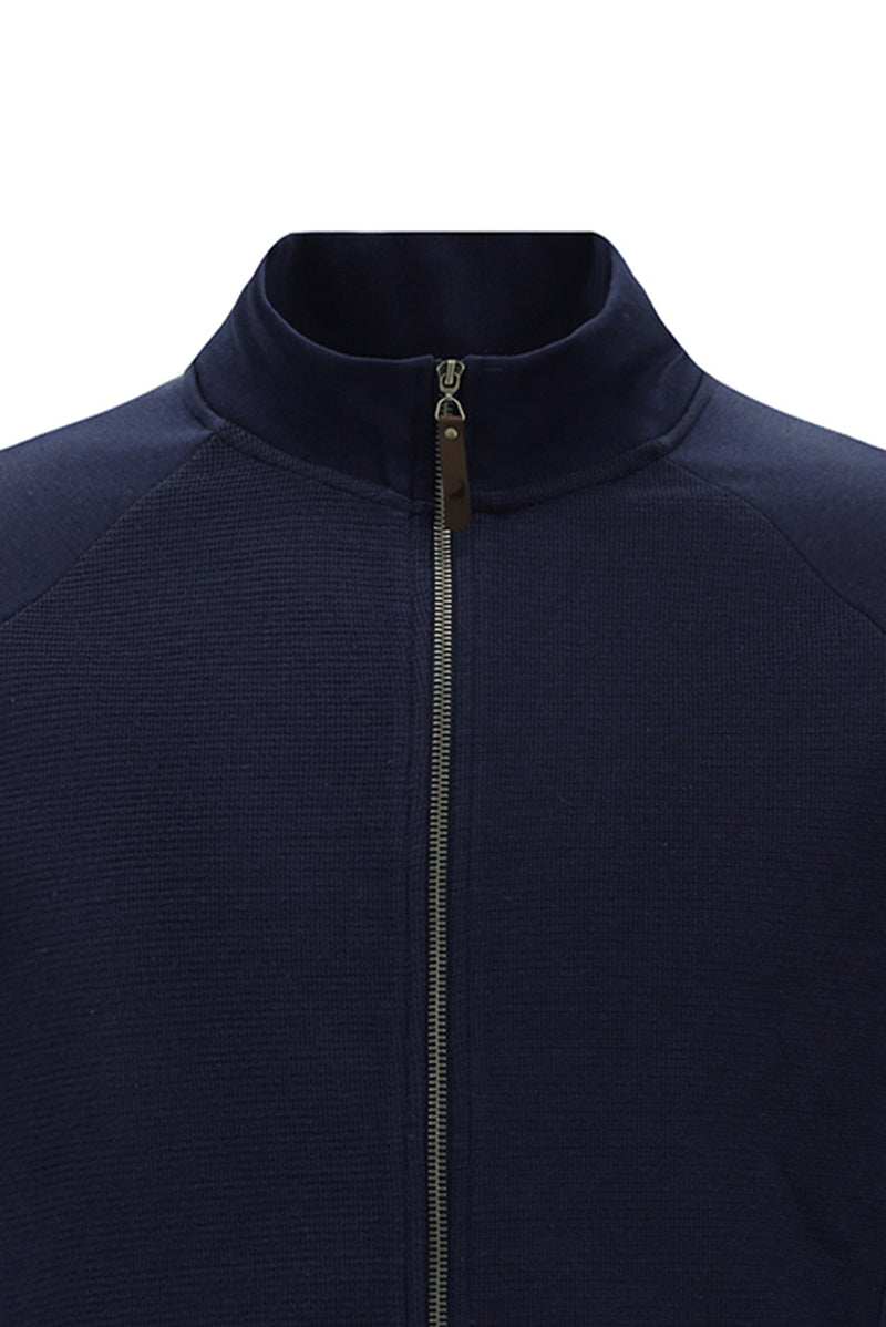 Koyu Lacivert Dik Yaka Pamuklu Fermuarlı Cepli Desenli Sweatshirt Hırka