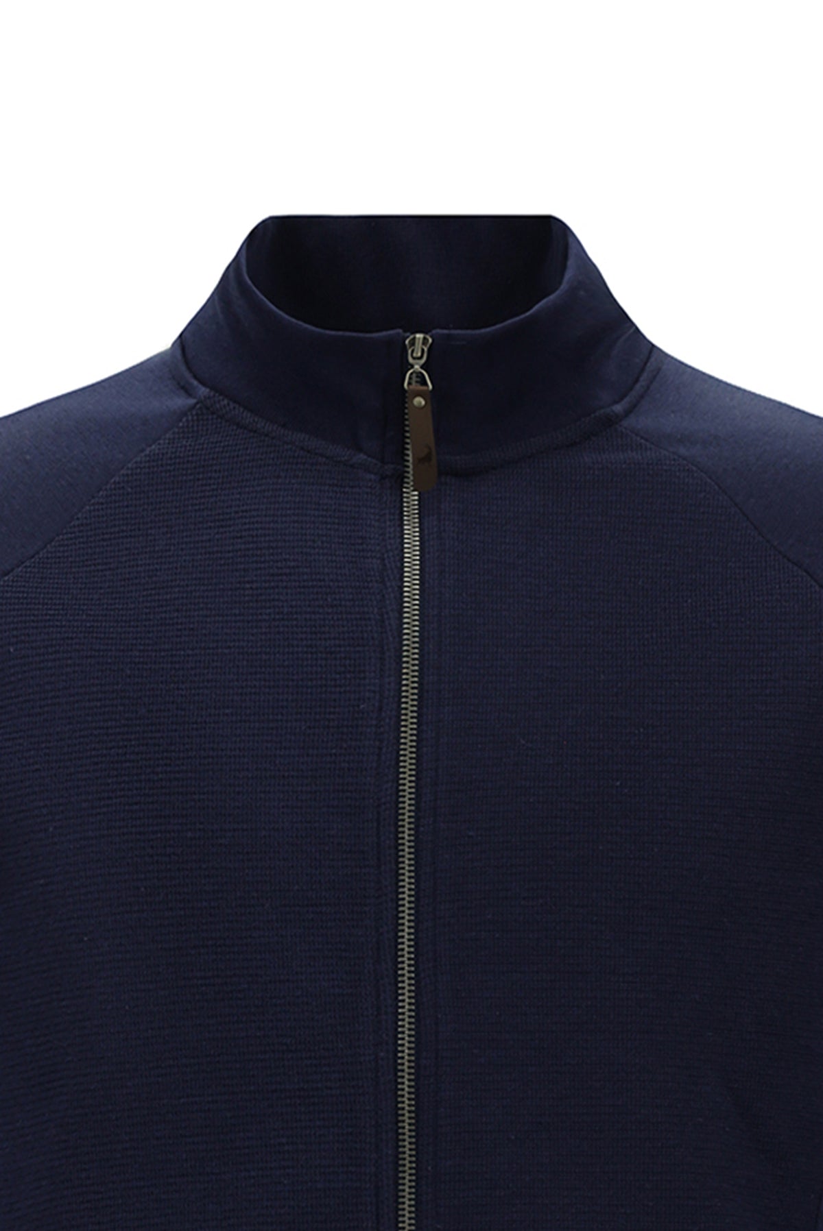 Koyu Lacivert Dik Yaka Pamuklu Fermuarlı Cepli Desenli Sweatshirt Hırka