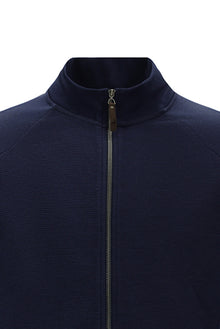 Koyu Lacivert Dik Yaka Pamuklu Fermuarlı Cepli Desenli Sweatshirt Hırka