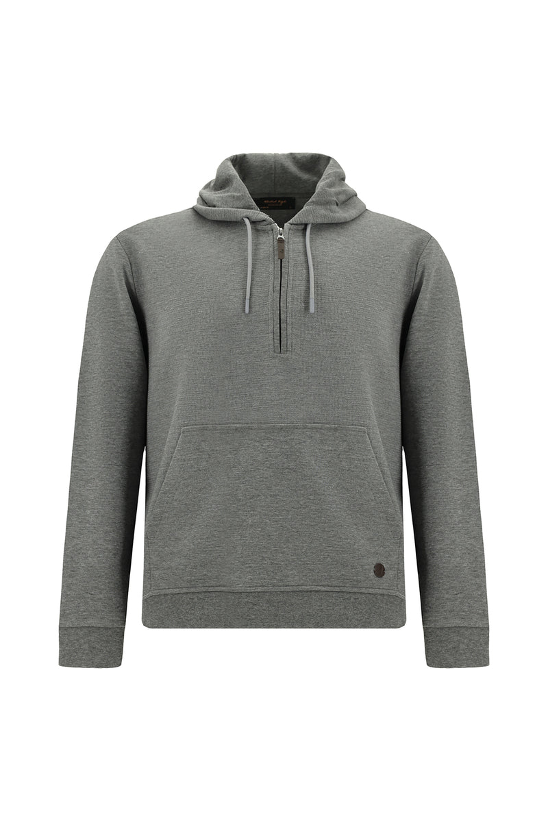 Orta Füme Melanj Kapüşonlu Regular Fit Fermuarlı Desenli Pamuklu Sweatshirt