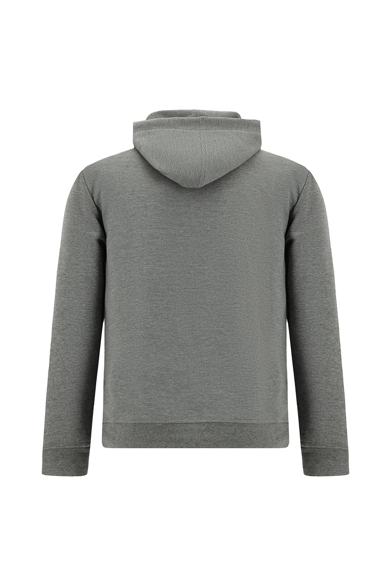 Orta Füme Melanj Kapüşonlu Regular Fit Fermuarlı Desenli Pamuklu Sweatshirt