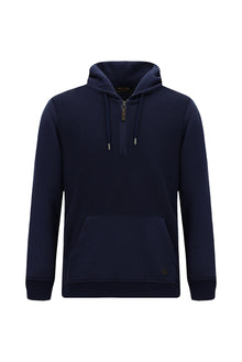 Koyu Lacivert Kapüşonlu Regular Fit Fermuarlı Desenli Pamuklu Cepli Sweatshirt