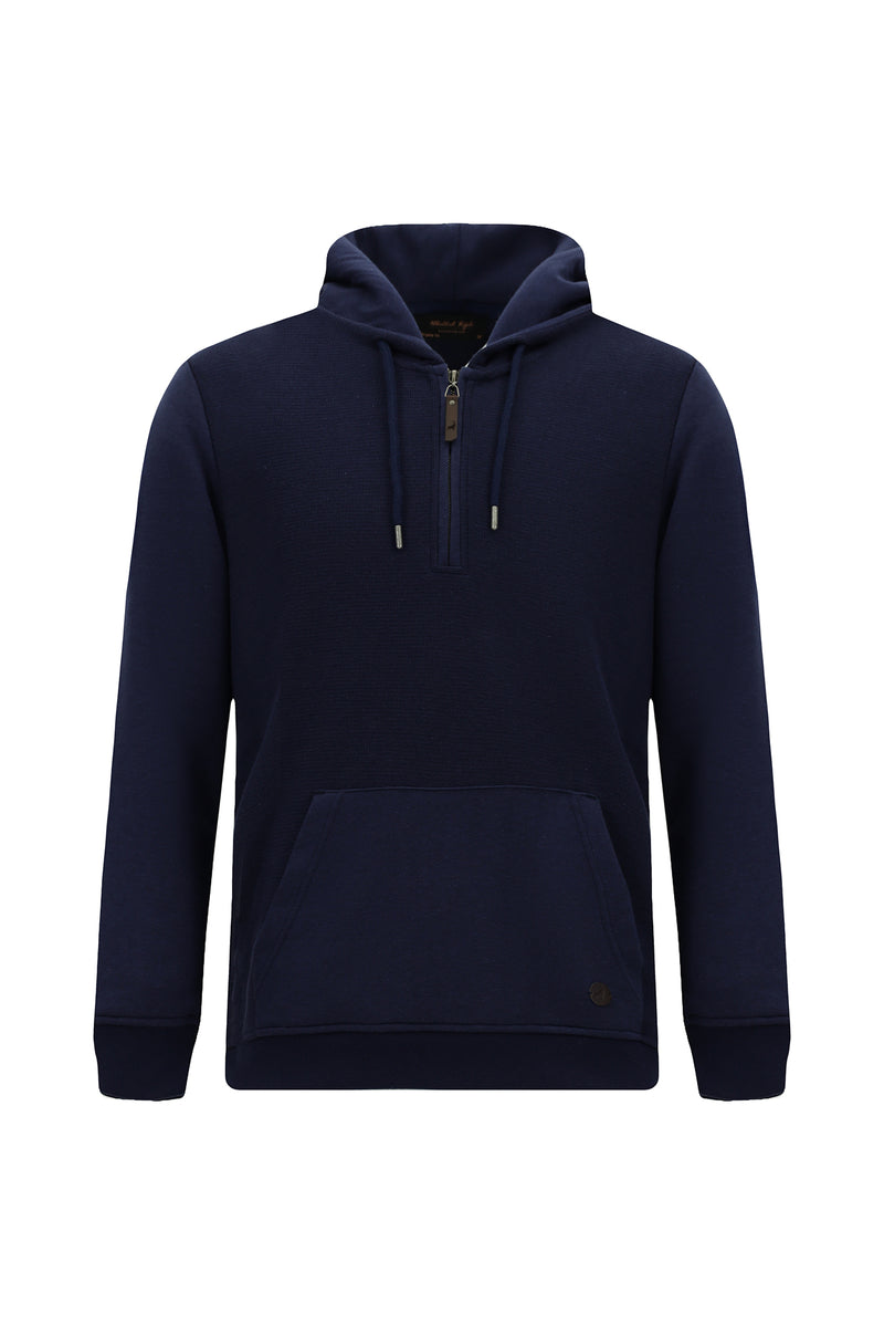 Koyu Lacivert Kapüşonlu Regular Fit Fermuarlı Desenli Pamuklu Cepli Sweatshirt