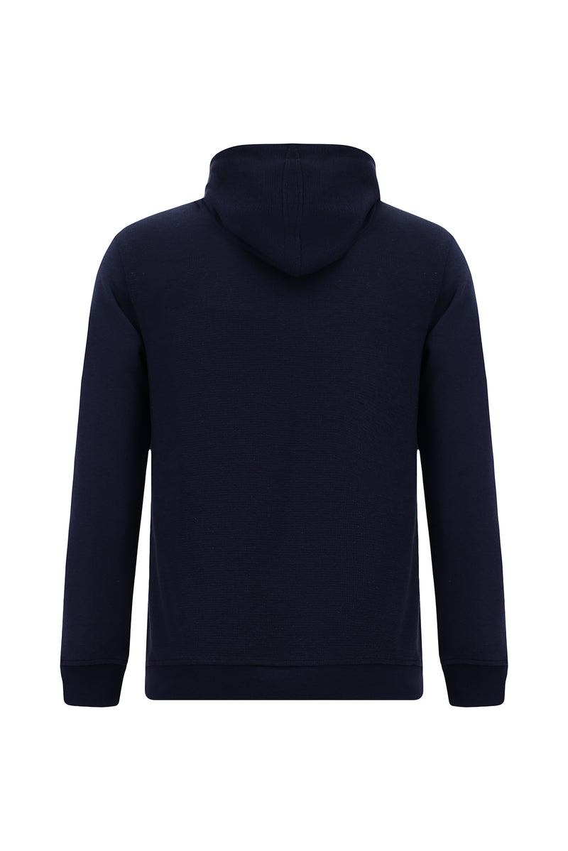 Koyu Lacivert Kapüşonlu Regular Fit Fermuarlı Desenli Pamuklu Cepli Sweatshirt
