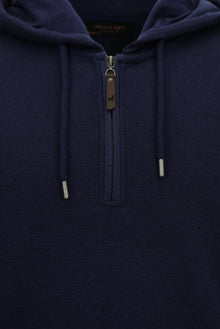 Koyu Lacivert Kapüşonlu Regular Fit Fermuarlı Desenli Pamuklu Cepli Sweatshirt