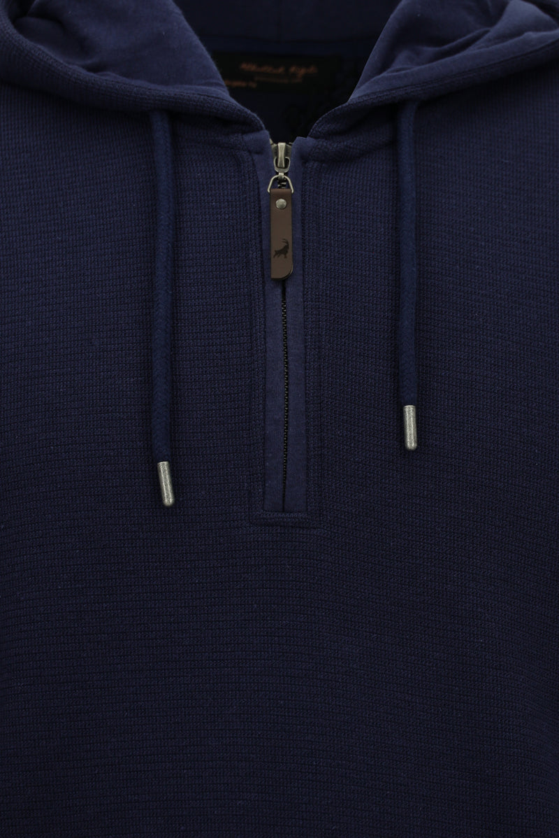 Koyu Lacivert Kapüşonlu Regular Fit Fermuarlı Desenli Pamuklu Cepli Sweatshirt