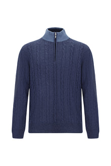 İndigo Yarım Balıkçı Yaka Regular Fit Desenli Fermuarlı Kaşmir Triko Kazak