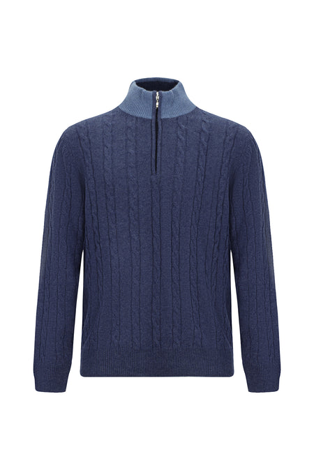 İndigo Yarım Balıkçı Yaka Regular Fit Desenli Fermuarlı Kaşmir Triko Kazak