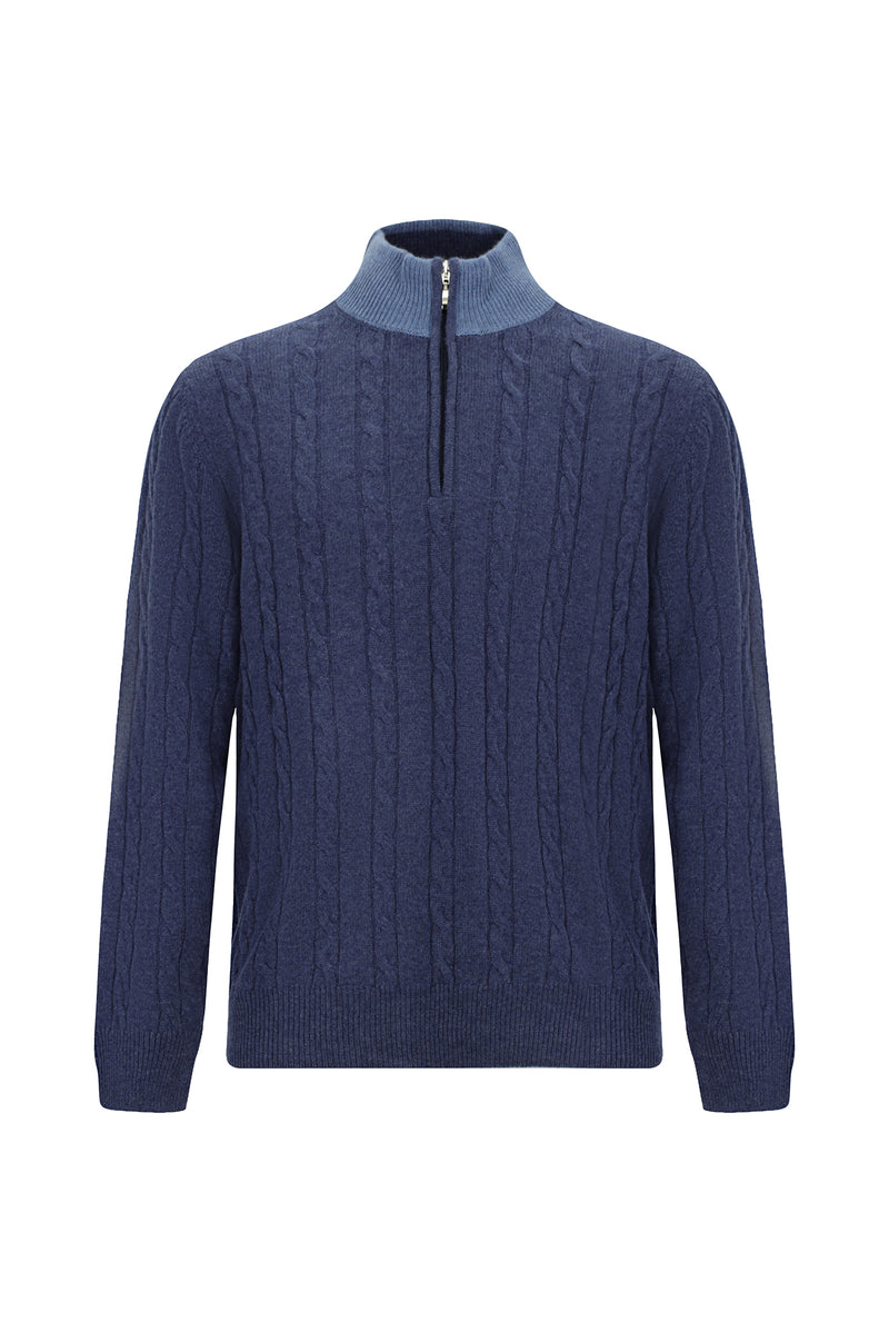 İndigo Yarım Balıkçı Yaka Regular Fit Desenli Fermuarlı Kaşmir Triko Kazak