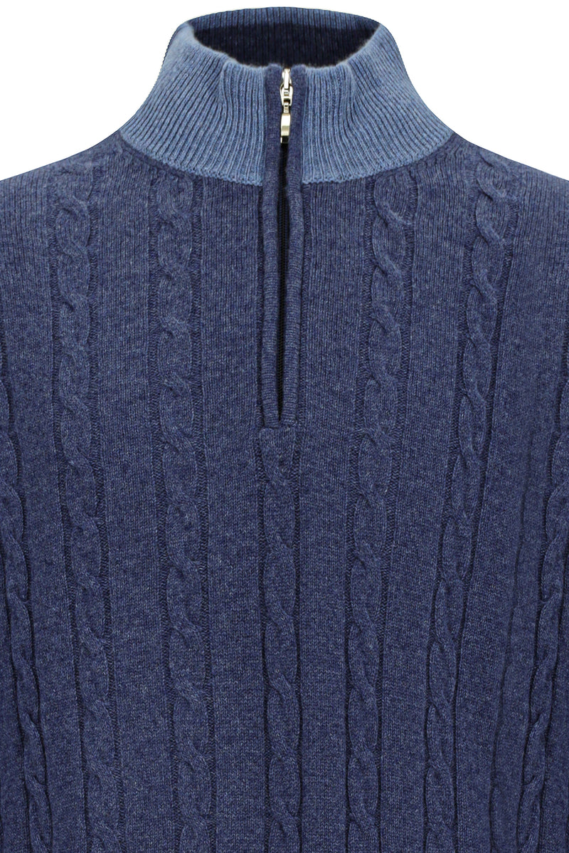 İndigo Yarım Balıkçı Yaka Regular Fit Desenli Fermuarlı Kaşmir Triko Kazak