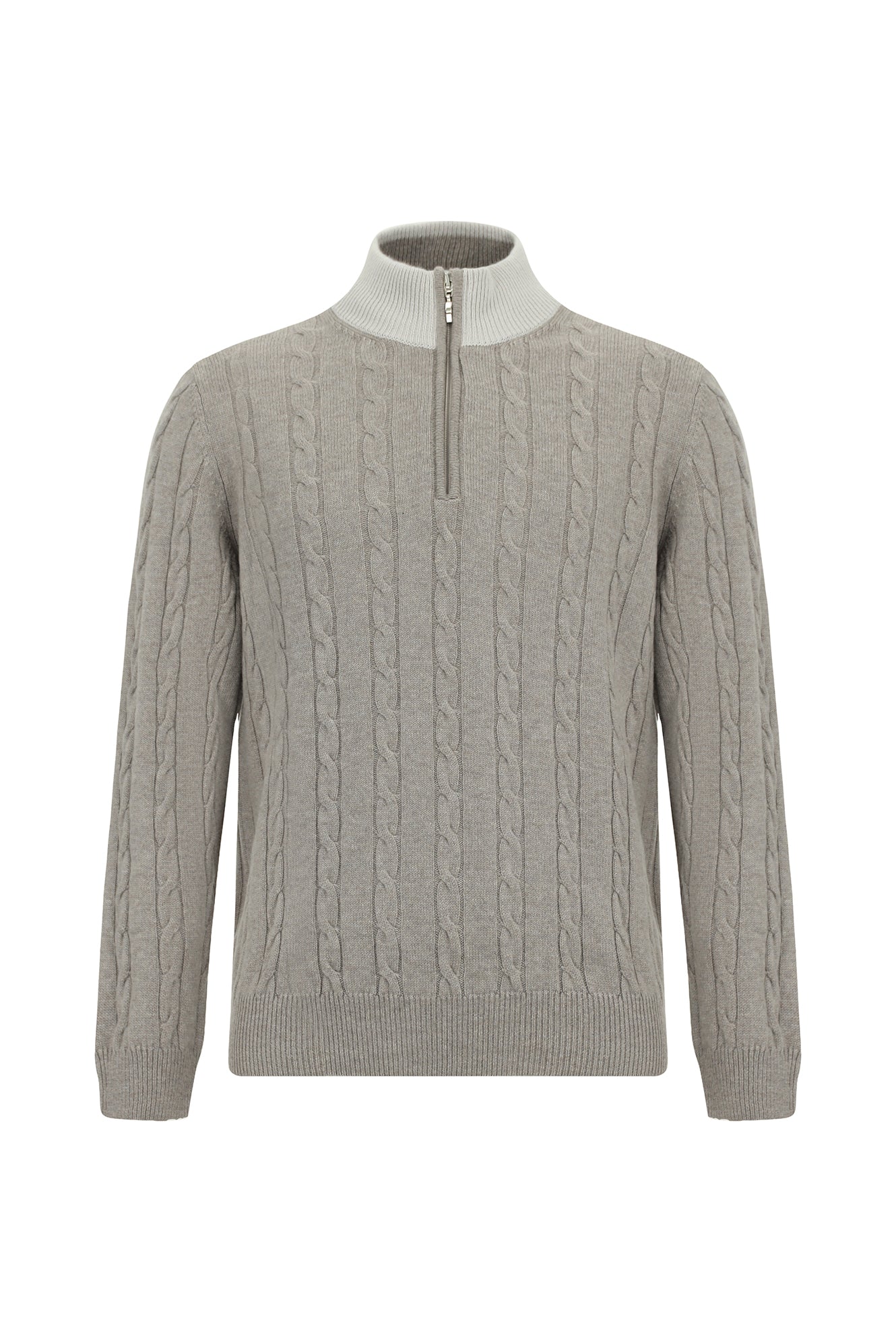 Orta Bej Yarım Balıkçı Yaka Regular Fit Desenli Fermuarlı Kaşmir Triko Kazak