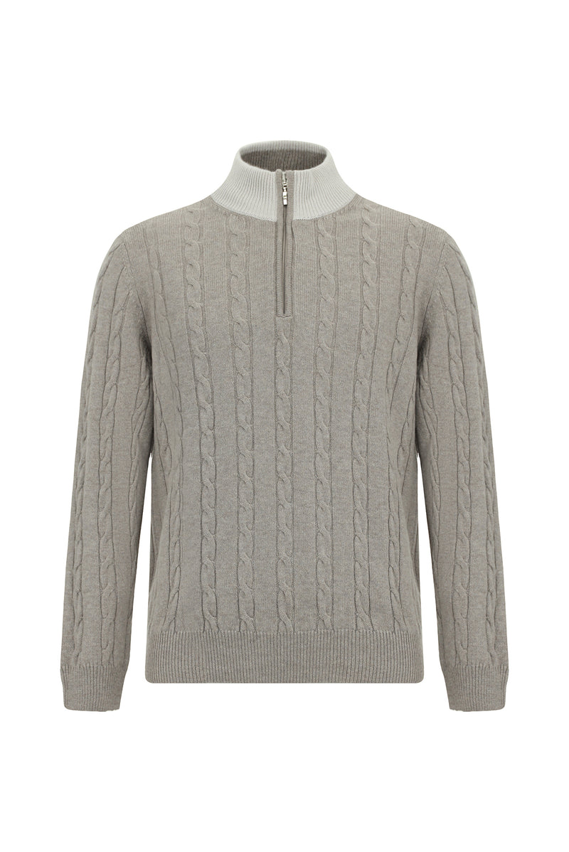 Orta Bej Yarım Balıkçı Yaka Regular Fit Desenli Fermuarlı Kaşmir Triko Kazak