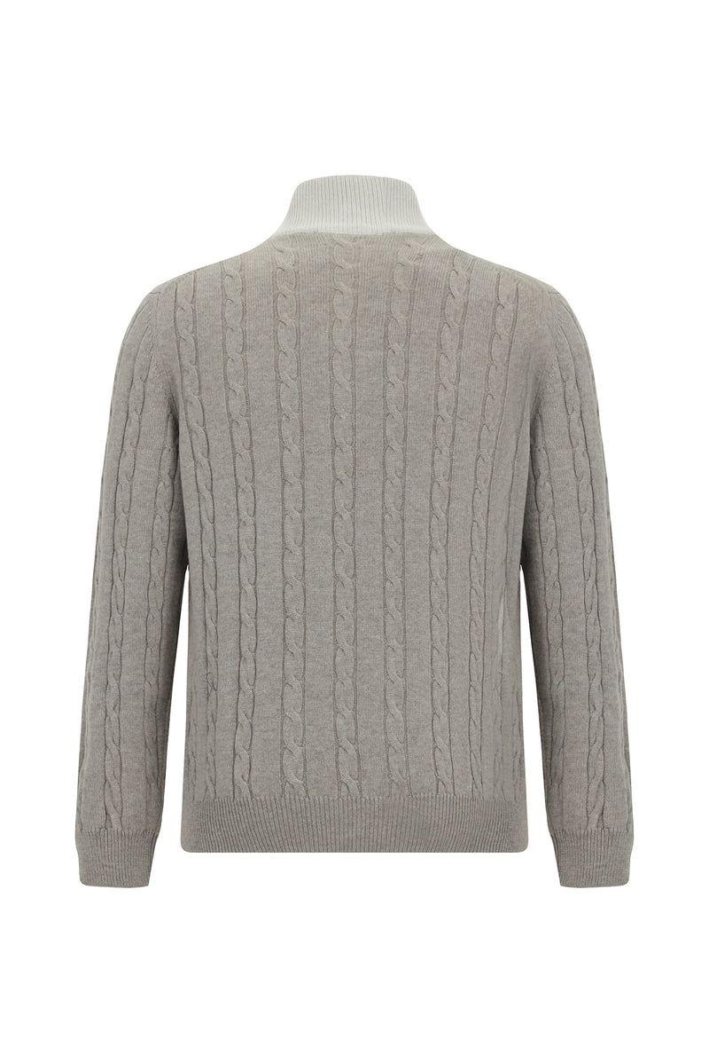 Orta Bej Yarım Balıkçı Yaka Regular Fit Desenli Fermuarlı Kaşmir Triko Kazak