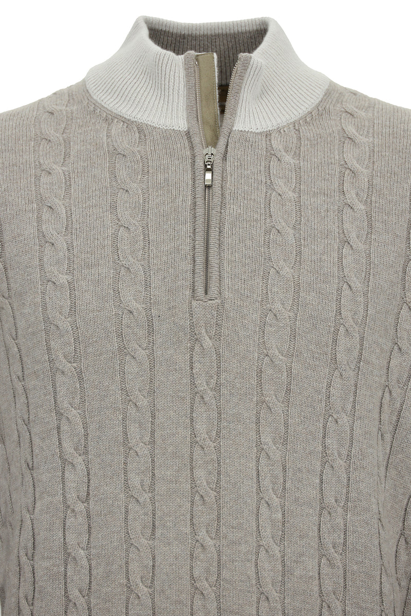 Orta Bej Yarım Balıkçı Yaka Regular Fit Desenli Fermuarlı Kaşmir Triko Kazak