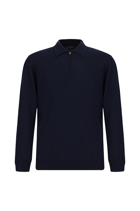 Koyu Lacivert Polo Yaka Regular Fit Fermuarl? Nak??l? S?cak Tutan Yün Triko Kazak-Abdullah Ki??l?