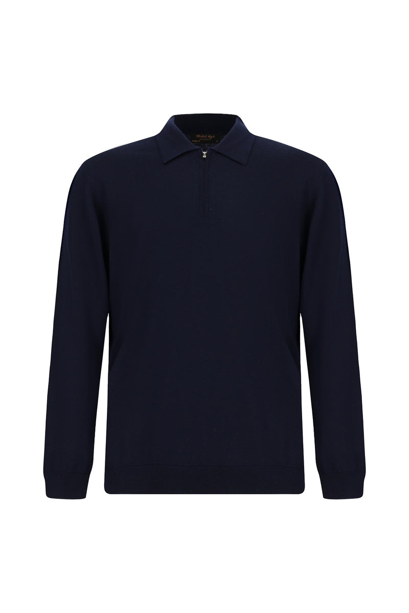 Koyu Lacivert Polo Yaka Regular Fit Fermuarl? Nak??l? S?cak Tutan Yün Triko Kazak