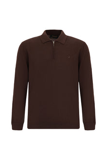 Koyu Kahve Polo Yaka Regular Fit Fermuarl? Nak??l? S?cak Tutan Yün Triko Kazak-Abdullah Ki??l?