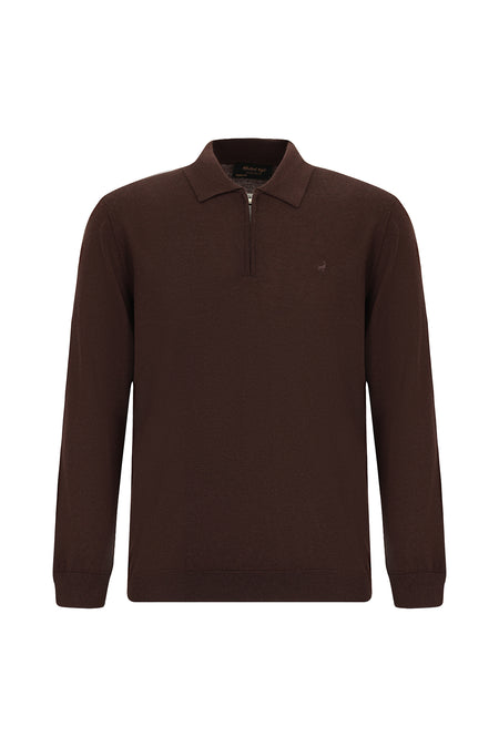 Koyu Kahve Polo Yaka Regular Fit Fermuarl? Nak??l? S?cak Tutan Yün Triko Kazak-Abdullah Ki??l?