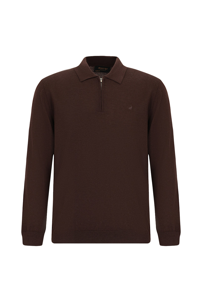 Koyu Kahve Polo Yaka Regular Fit Fermuarl? Nak??l? S?cak Tutan Yün Triko Kazak