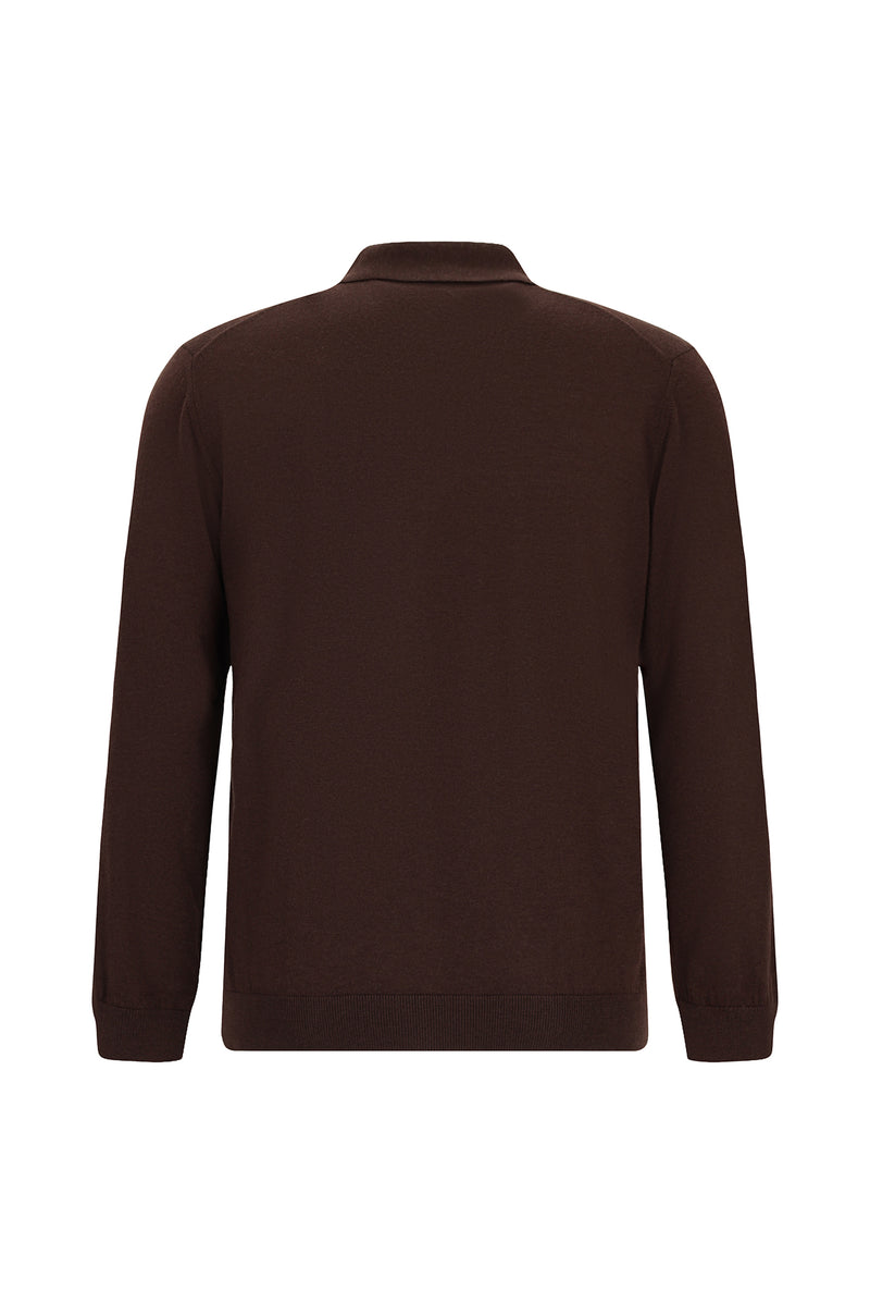 Koyu Kahve Polo Yaka Regular Fit Fermuarl? Nak??l? S?cak Tutan Yün Triko Kazak