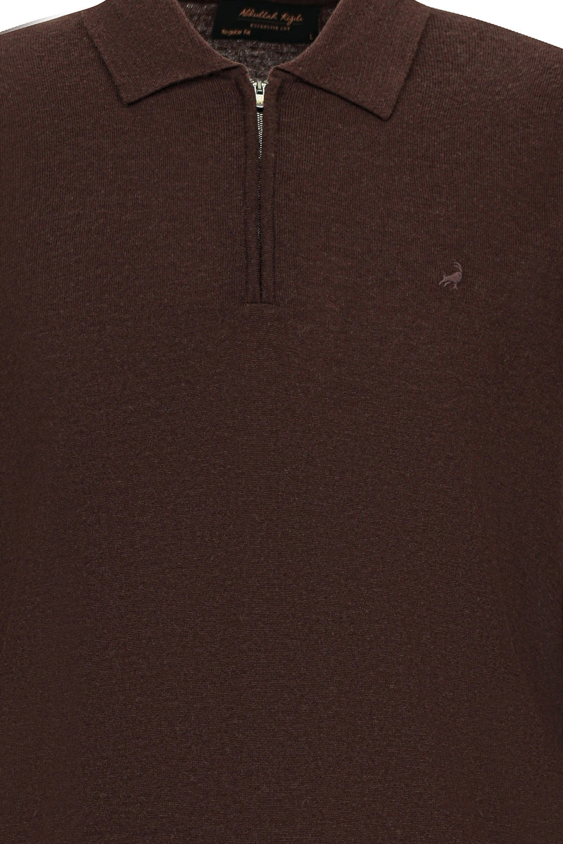 Koyu Kahve Polo Yaka Regular Fit Fermuarl? Nak??l? S?cak Tutan Yün Triko Kazak