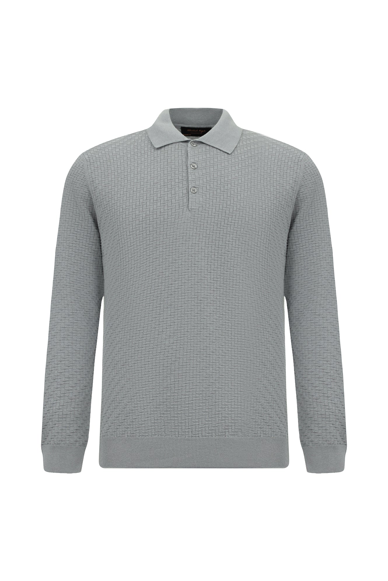 Açık Gri Melanj Polo Yaka Regular Fit Desenli Pamuklu Yün Triko Kazak