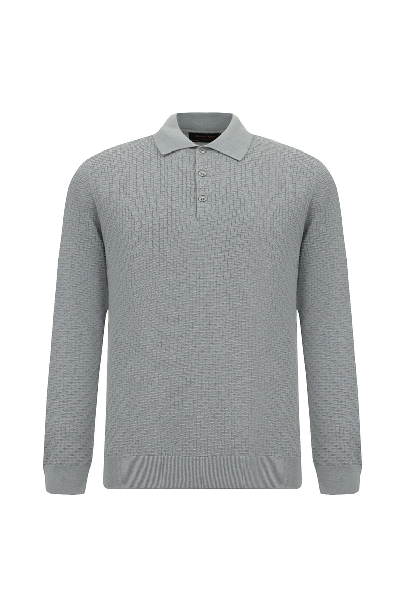 Açık Gri Melanj Polo Yaka Regular Fit Desenli Pamuklu Yün Triko Kazak