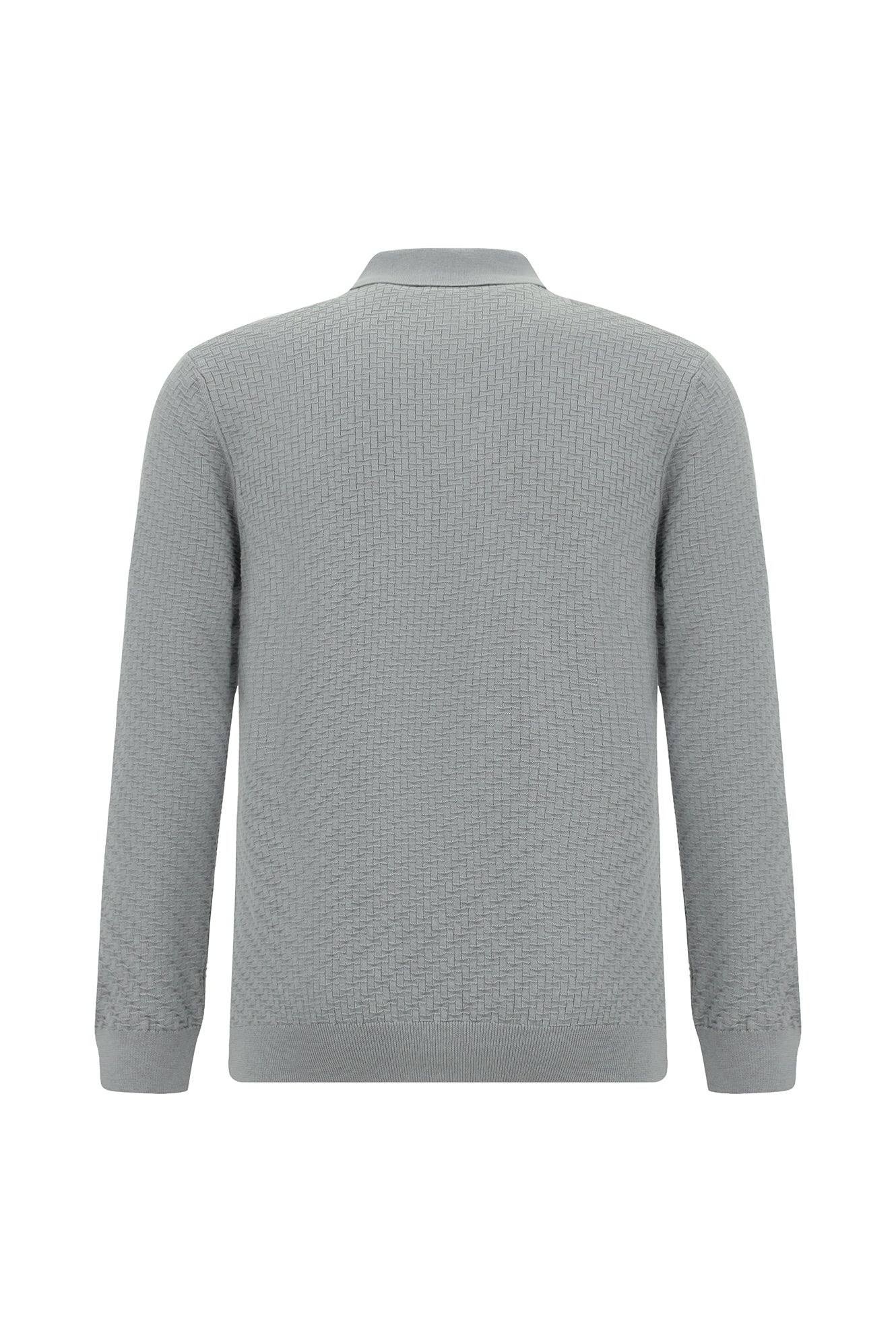 Açık Gri Melanj Polo Yaka Regular Fit Desenli Pamuklu Yün Triko Kazak